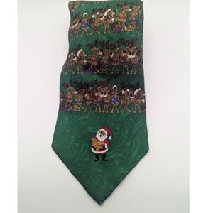 Nordstrom Green Reindeer Santa Christmas Necktie Silk Hand Crafted 3.75"x62"